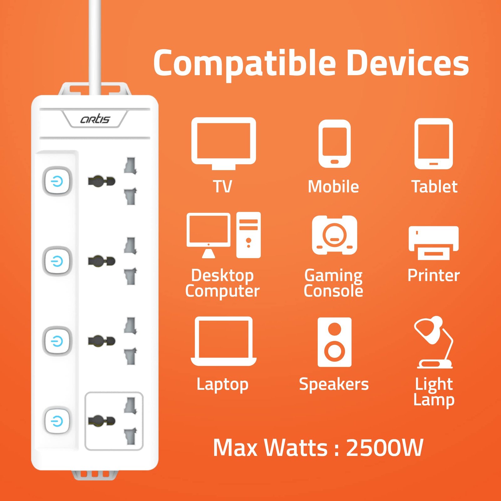 AR-4MS 4 Universal Sockets with Multi Switch Surge Protector - Image 5