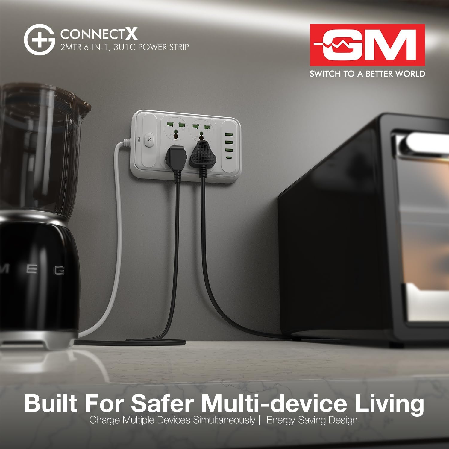 G+ ConnectX 6-in-1 Powerstrip with Type-C, 4 Universal Sockets, 3 USB, 2500W, 2M Cable, Master Switch, Surge Protection | Extension Board for Home & Office - Image 8