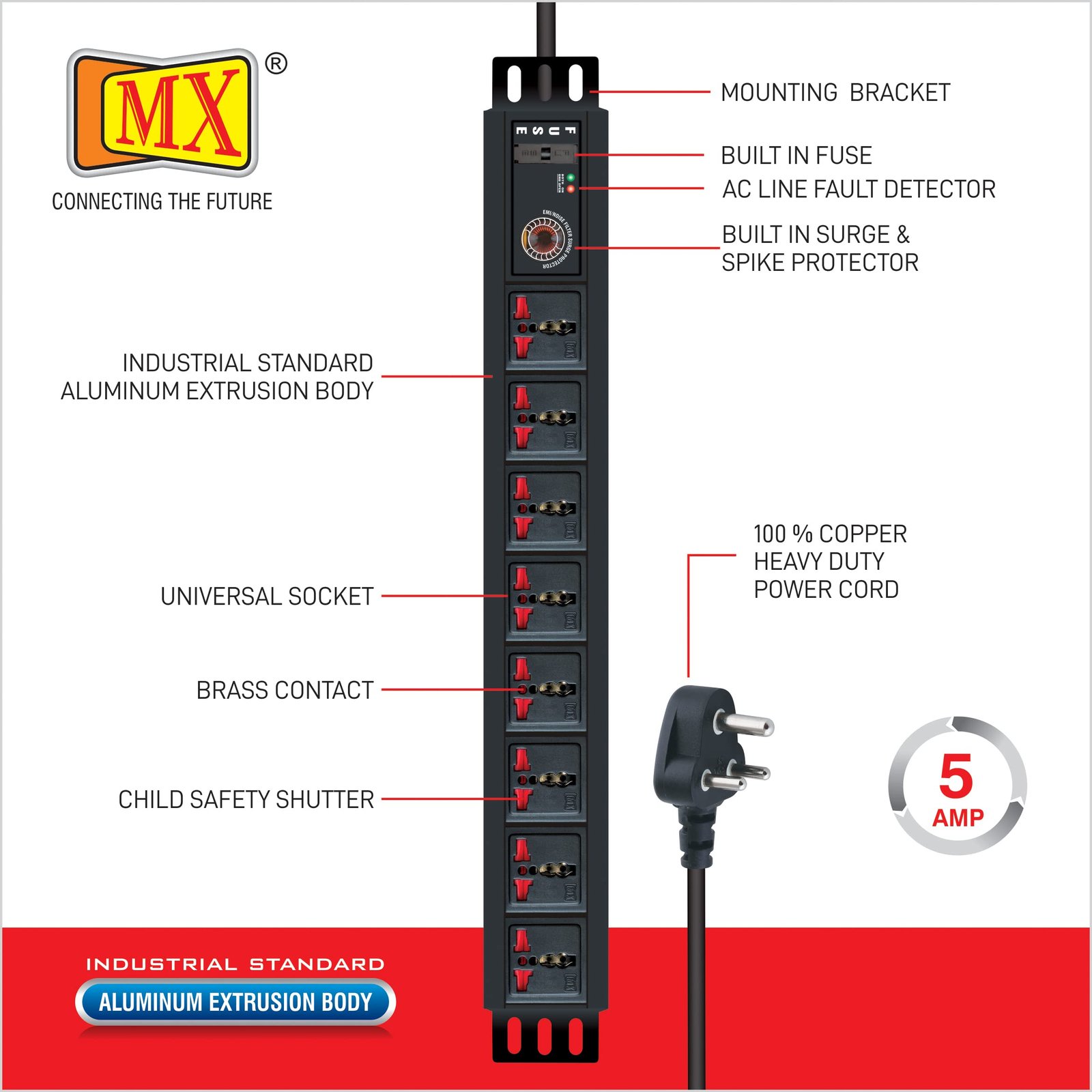 8 Socket Surge Protector Universal Socket with 3 Meters Heavy Duty Cable Overload Protection Extension Cord Comes with 1500W 5 AMP Socket Spike Guard - Image 3