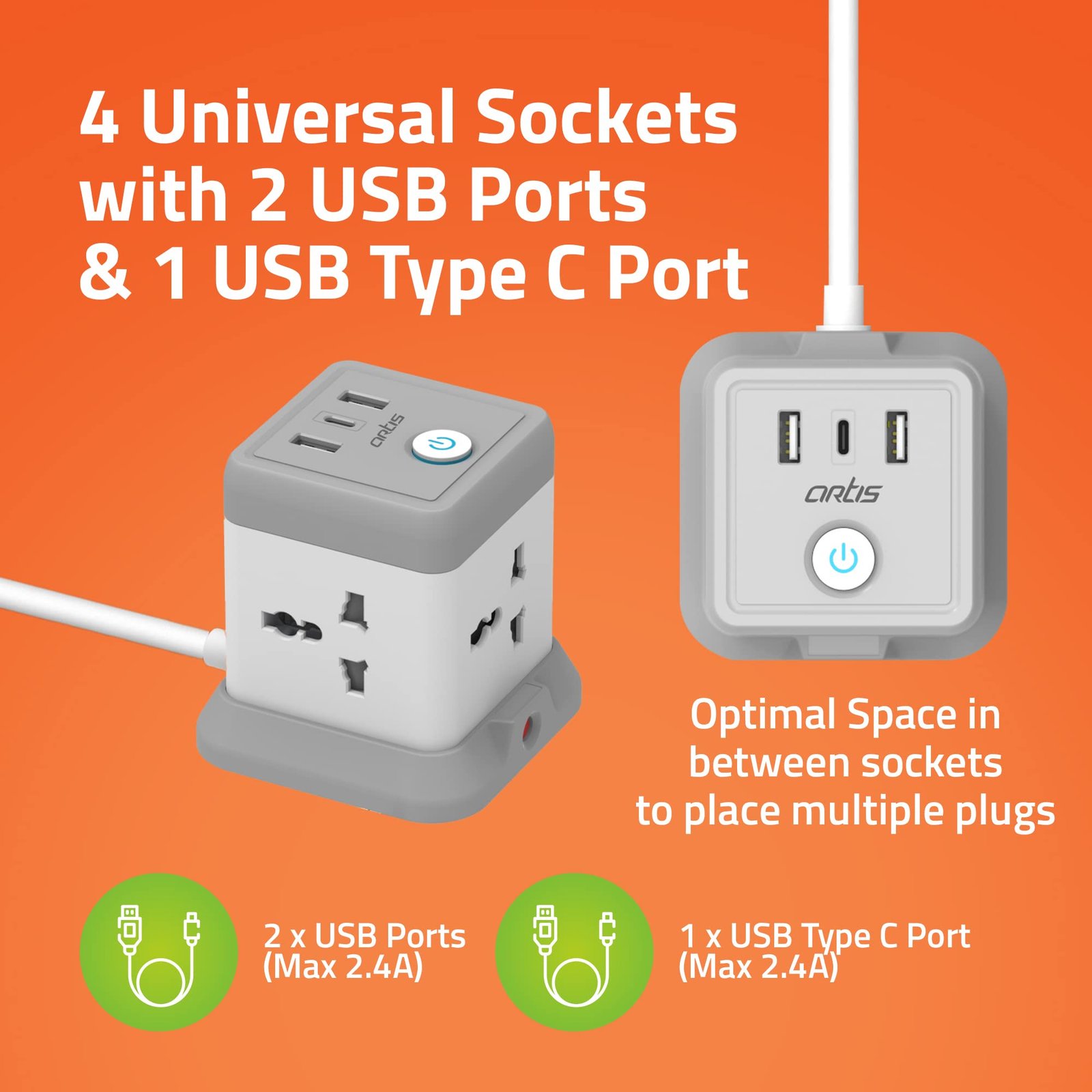 AR-4SS-3USBCB 4 Universal Sockets with 2 USB Ports & 1 USB Type C Port with Circuit Breaker Surge Protector