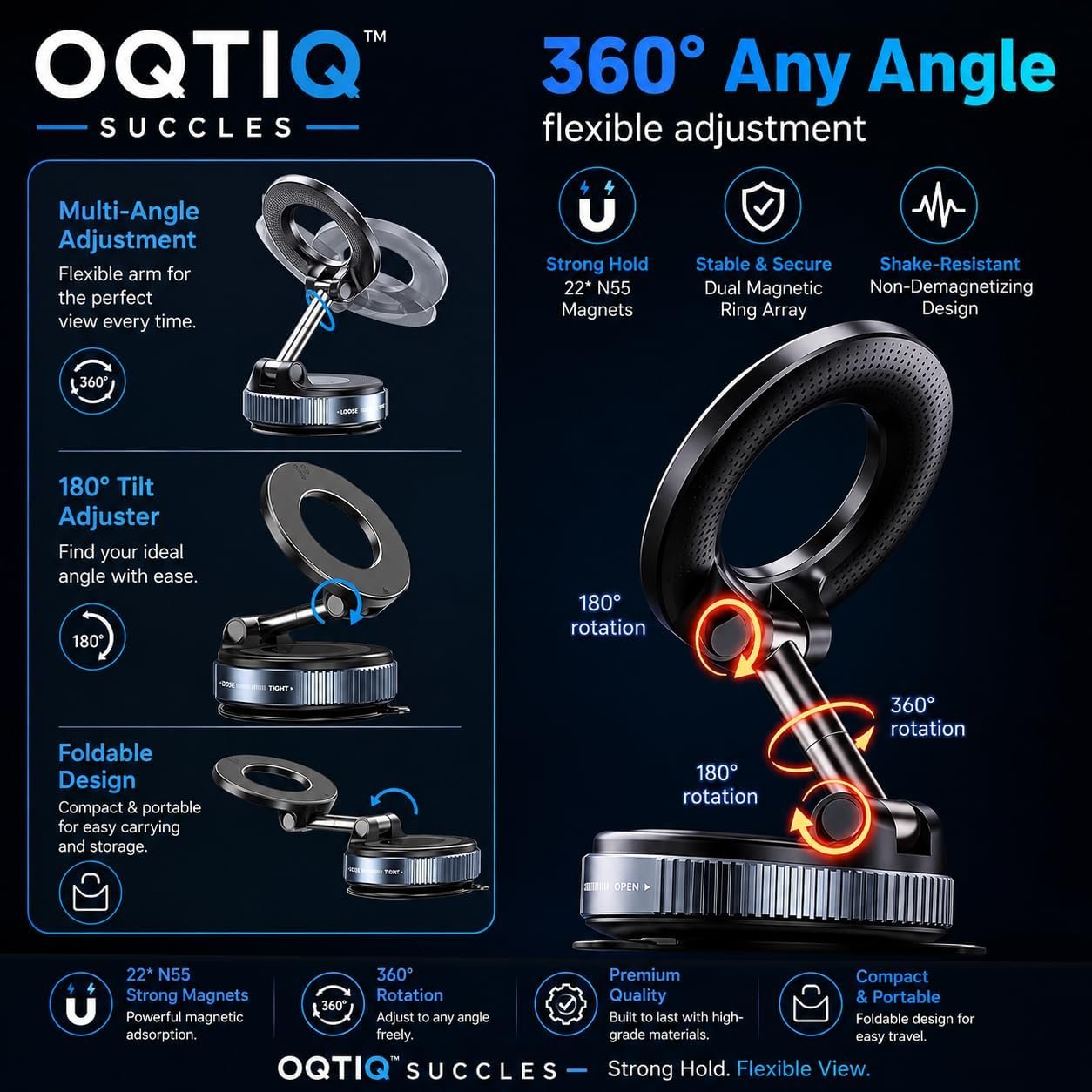 OQTIQ SUCGLES Vacuum Magnetic Phone Holder for Car, 360° Adjustable Foldable Mobile Holder with Ultra Strong Suction & Powerful Magnetic Grip, Dashboard, Windshield & Desk Mount for All Smartphones - Image 3