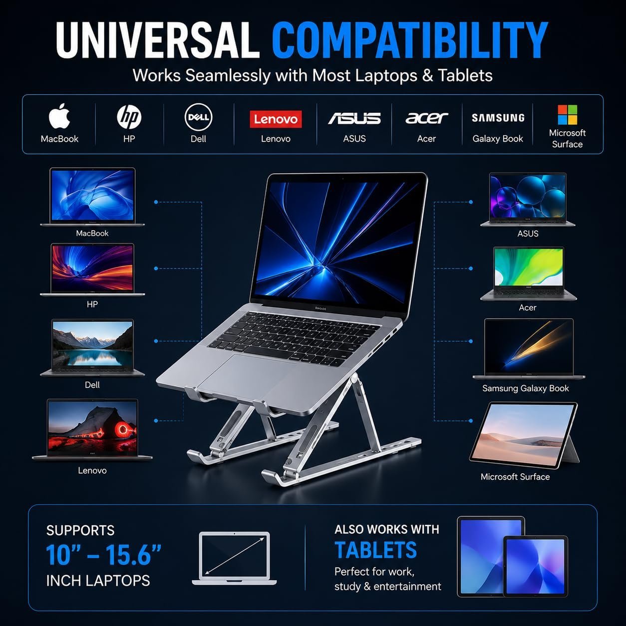 Aluminum Foldable Laptop Stand for Desk, Adjustable Ergonomic Notebook Stand, Portable Ventilated Laptop Riser Compatible with MacBook, HP, Dell, Lenovo, ASUS & Laptops Up to 17.3 Inch - Image 6