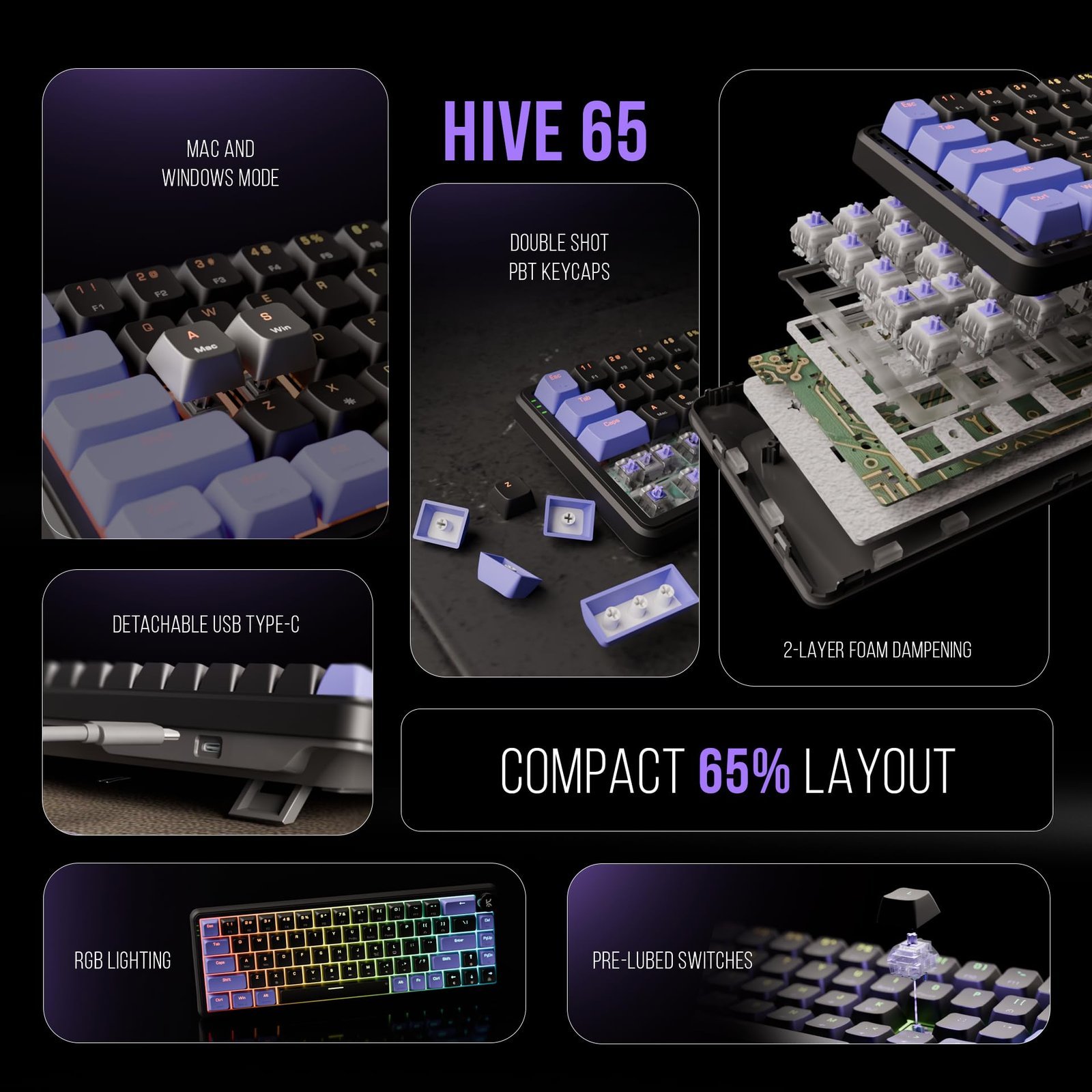 Hive 65 RGB Mechanical Gaming Keyboard | Pre-Lubed Switches, Anti-Ghosting, 5-Pin Hot-Swap | Wired 65% Keyboard with RGB Backlight & Detachable USB-C Cable (Black) - Image 3