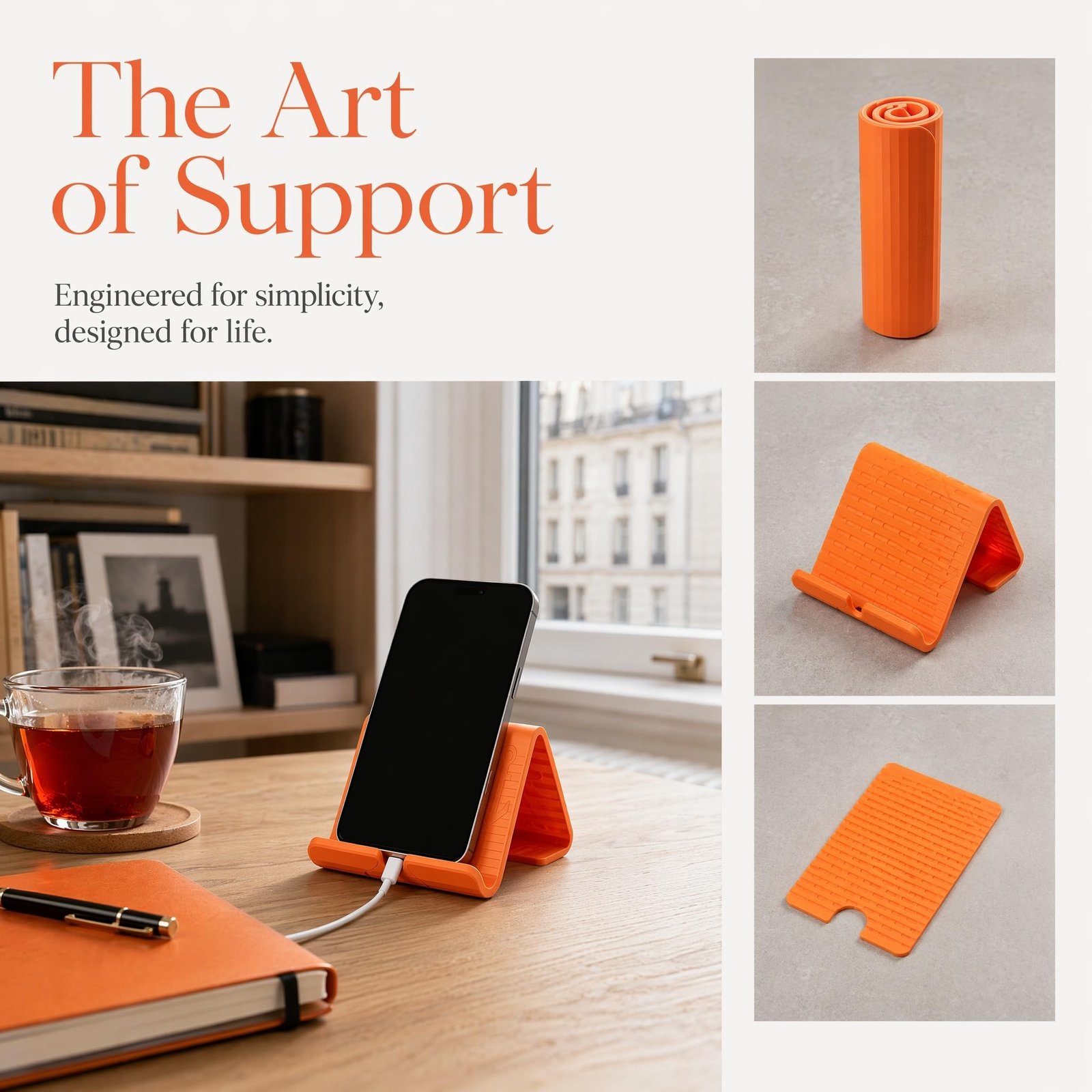 FEXLARO Flexible Rollable Phone Stand, Foldable Silicone Holder with Charging Slot, Anti Slip Desk Support for Mobile, Tablet, Light Laptop, Home Office Travel, Orange - Image 4