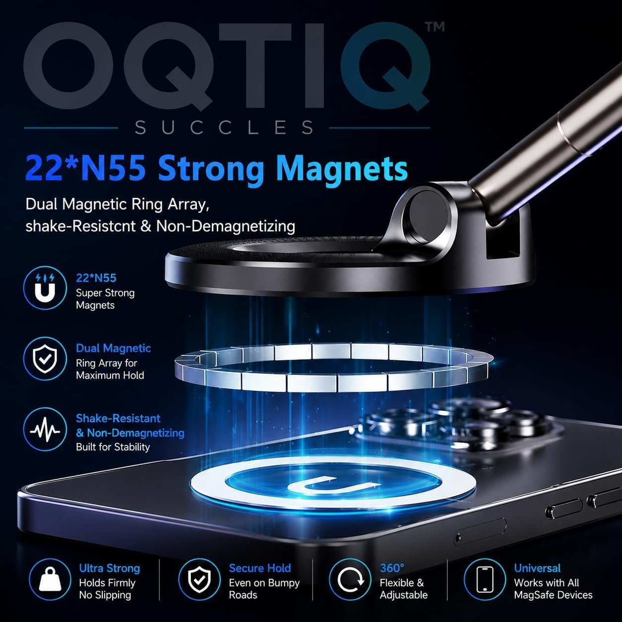 OQTIQ SUCGLES Vacuum Magnetic Phone Holder for Car, 360° Adjustable Foldable Mobile Holder with Ultra Strong Suction & Powerful Magnetic Grip, Dashboard, Windshield & Desk Mount for All Smartphones - Image 2