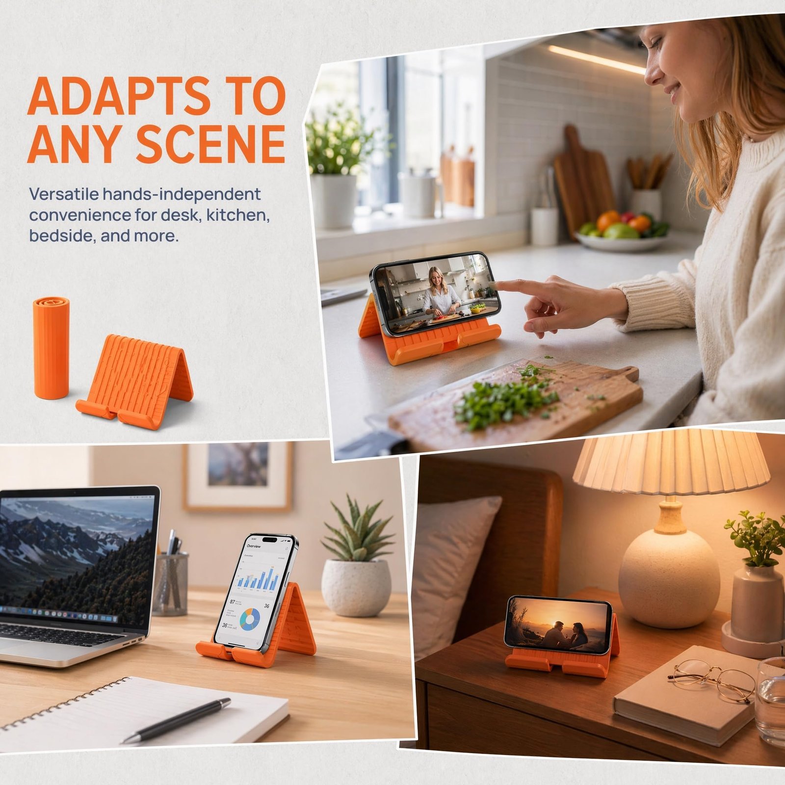 FEXLARO Flexible Rollable Phone Stand, Foldable Silicone Holder with Charging Slot, Anti Slip Desk Support for Mobile, Tablet, Light Laptop, Home Office Travel, Orange - Image 5