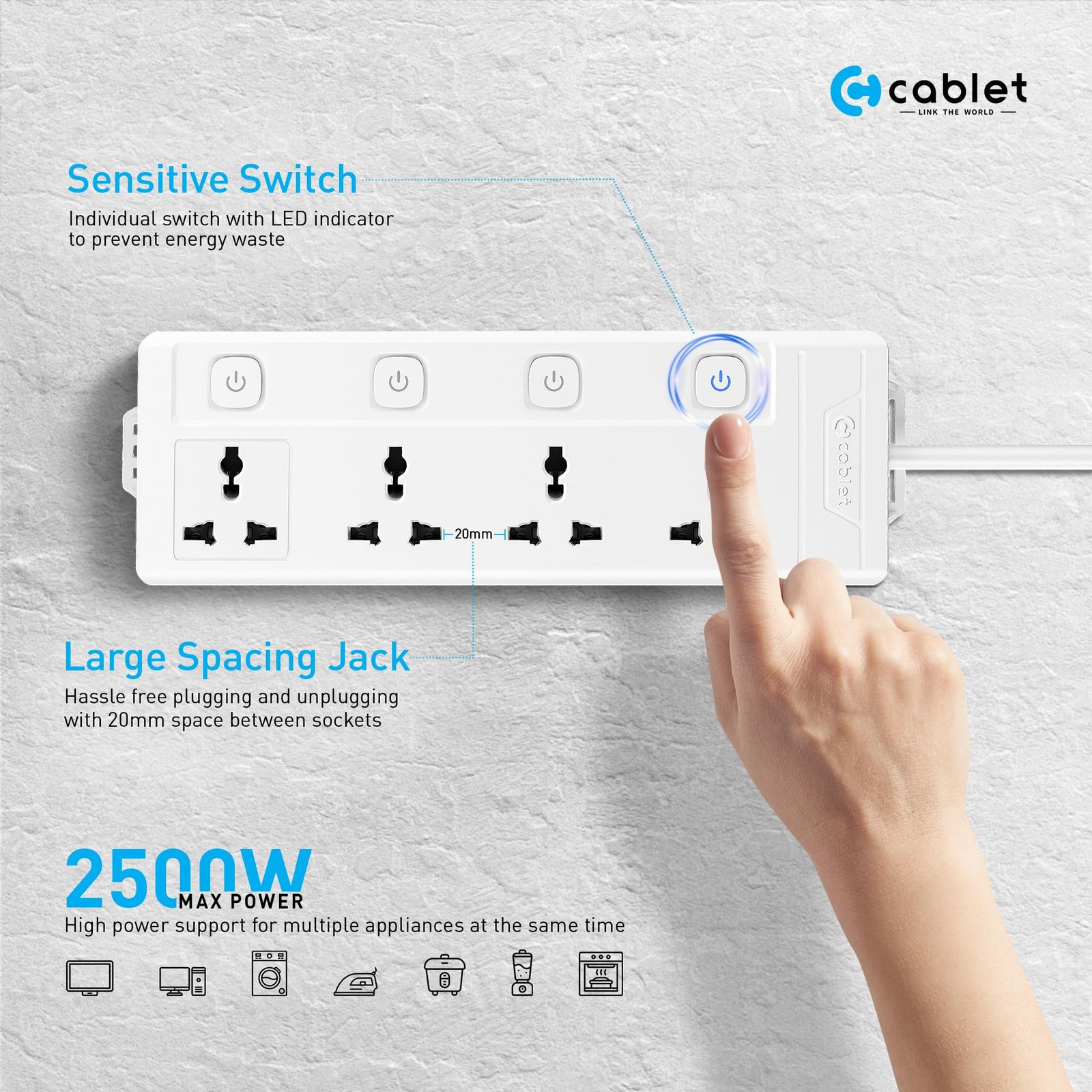 250 Volts Extension Board 2500W 10A, 4 Universal Sockets, Individual Switches, 1.8M Heavy Duty Copper Wire, LED Indicator, Power Strip for Home and Office Use - Image 2