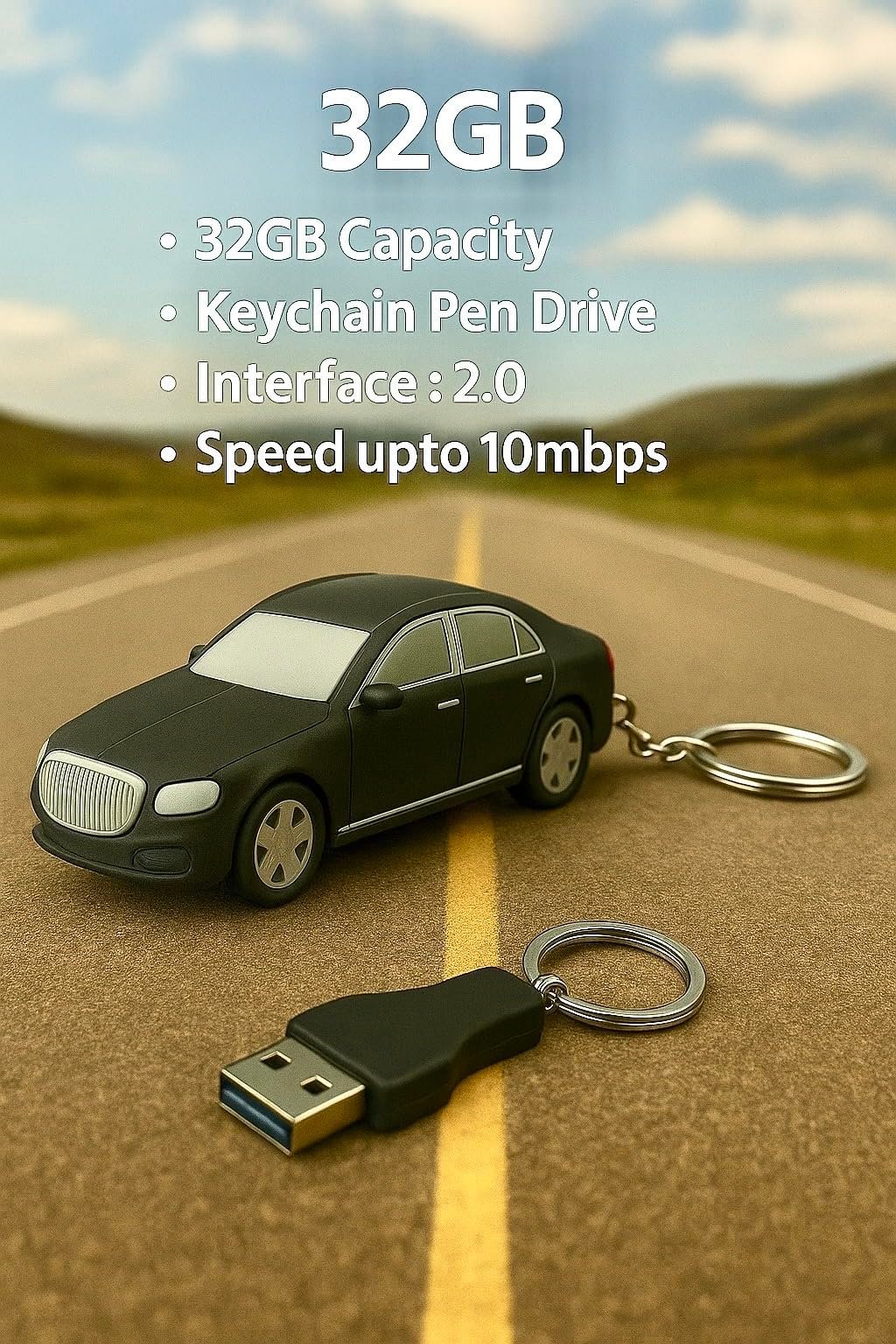 CleverlyGifted® 32GB 2.0 Luxury Car Design USB Flash Drive with Keychain, Black Sedan Shape, Novelty Storage Device, 2.0, Speed Upto 10mbps, Gift Item, Unisex, 1Pc - Image 2