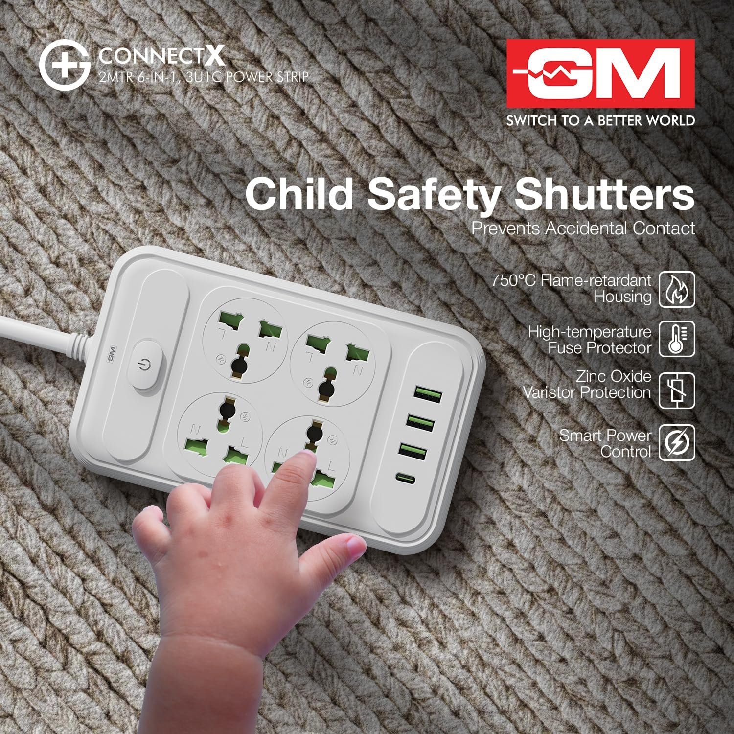 G+ ConnectX 6-in-1 Powerstrip with Type-C, 4 Universal Sockets, 3 USB, 2500W, 2M Cable, Master Switch, Surge Protection | Extension Board for Home & Office - Image 2