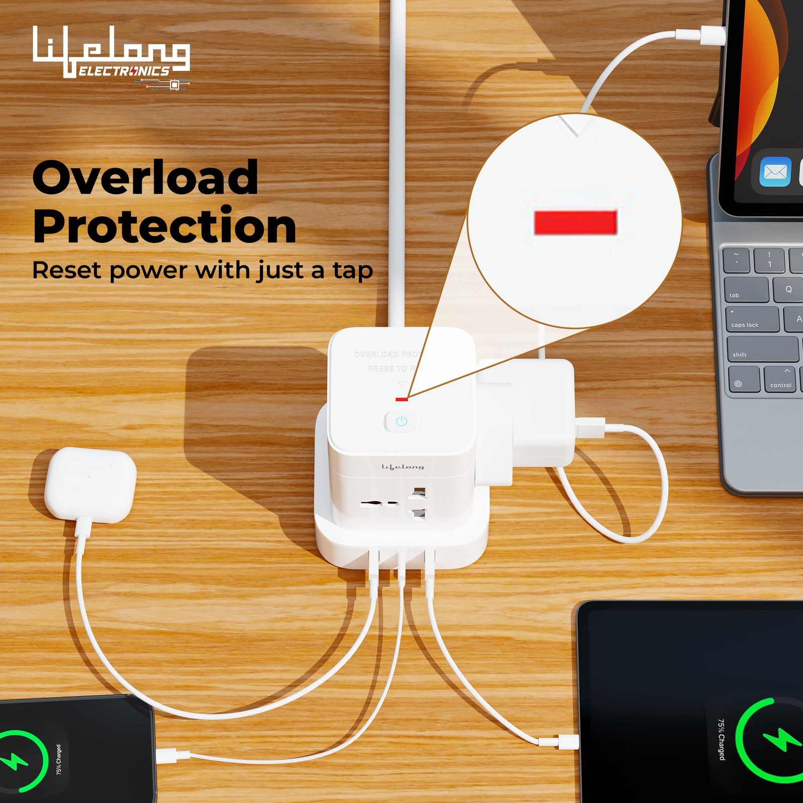 Electronics Extension Board 7-in-1 with Switch | 4 AC Sockets + 3 USB Ports (2 Type A Quick Charge 3.0 + 1 Type C 20W PD) | Fast Charging | Overload Protection | 2M Cord (Model: Cube Plus) - Image 3